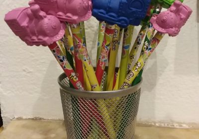 Pencil, rainbow with train eraser